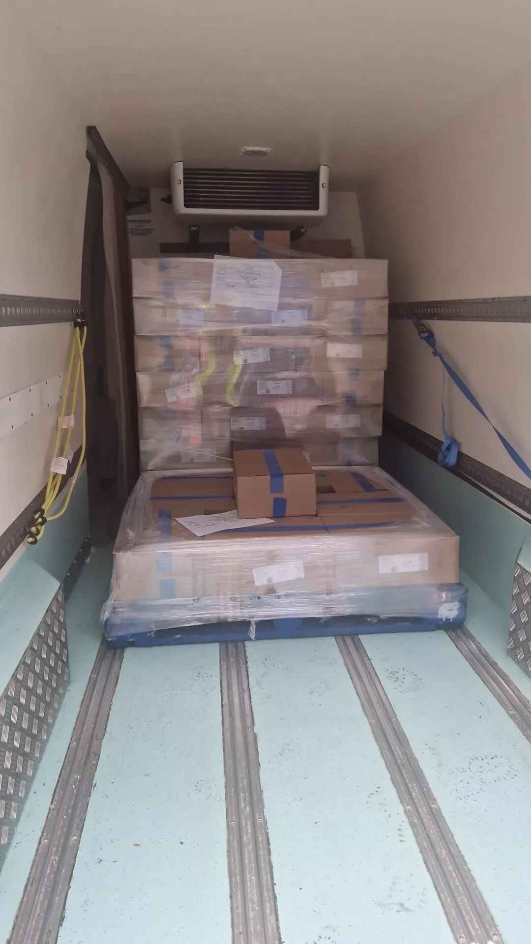 Temperature-controlled courier van interior carrying secured palletized goods