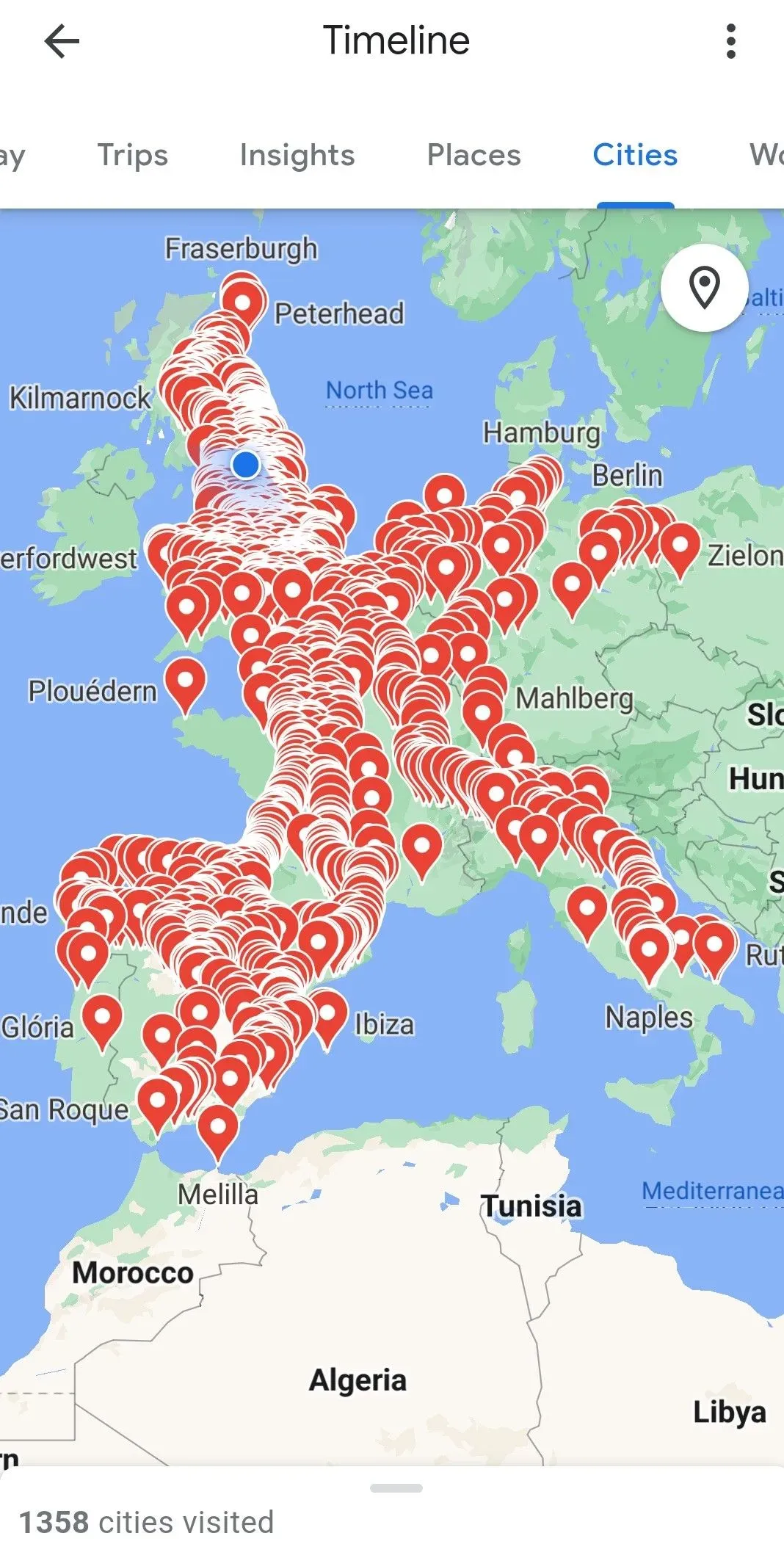 Google maps timeline showing extensive courier routes and deliveries completed across the UK and mainland Europe